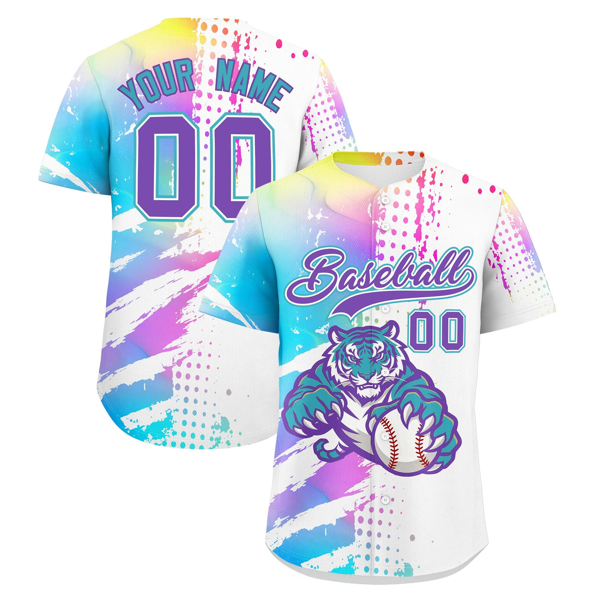 Custom White Sky Blue Baseball Jersey Full-Snap Graffiti Pattern Tiger Graffiti Jersey