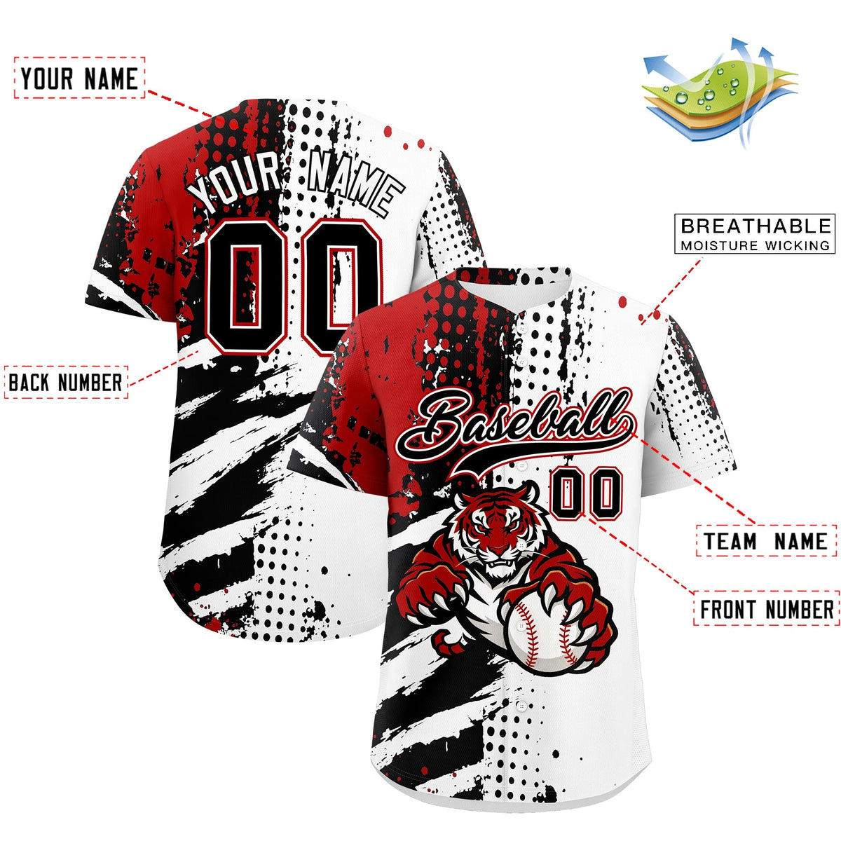 Custom Royal Blue White Red Full-Snap Graffiti Pattern Tiger Graffiti Jersey Baseball Jersey| KXKSHOP