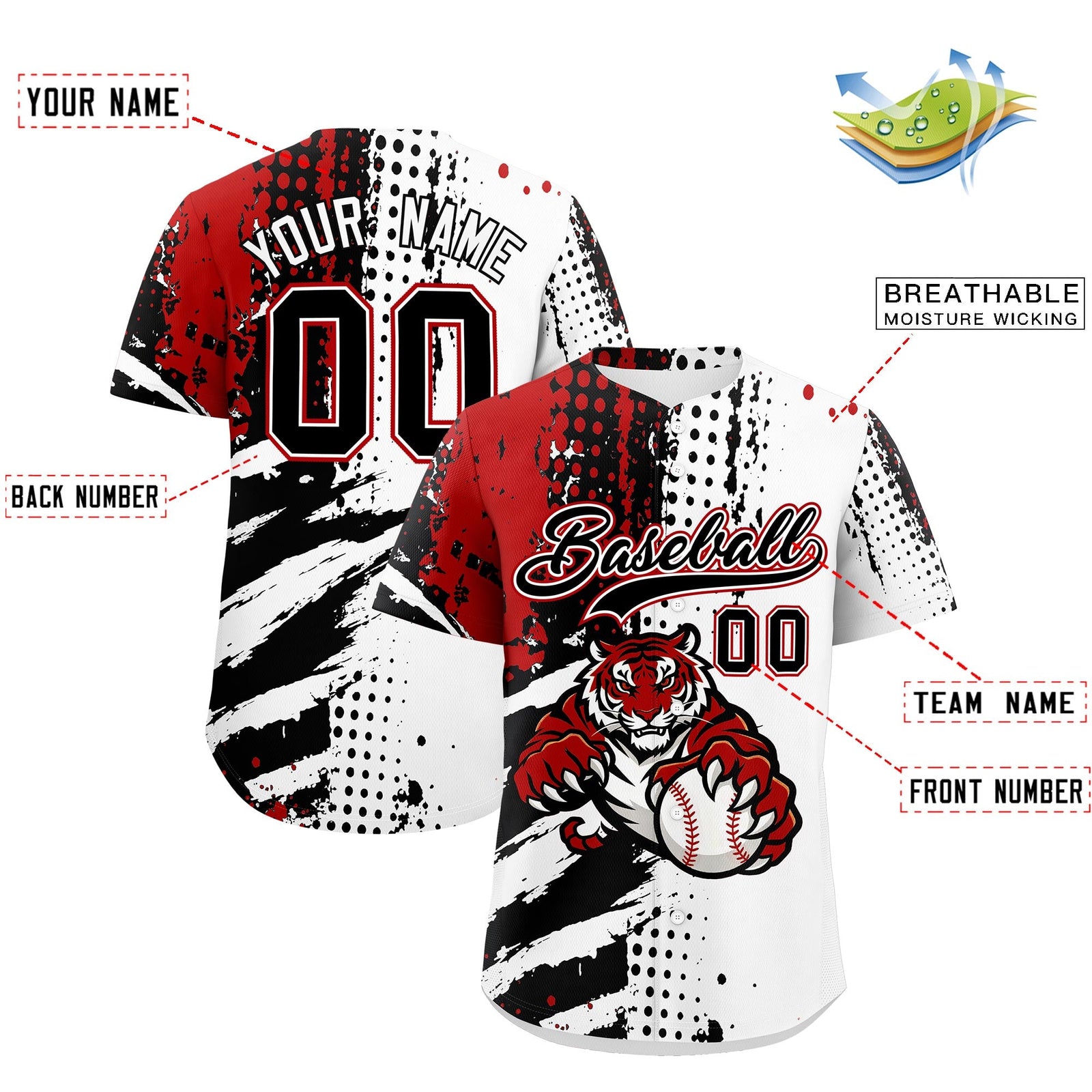 Custom Royal Blue White Red Full-Snap Graffiti Pattern Tiger Graffiti Jersey Baseball Jersey| KXKSHOP