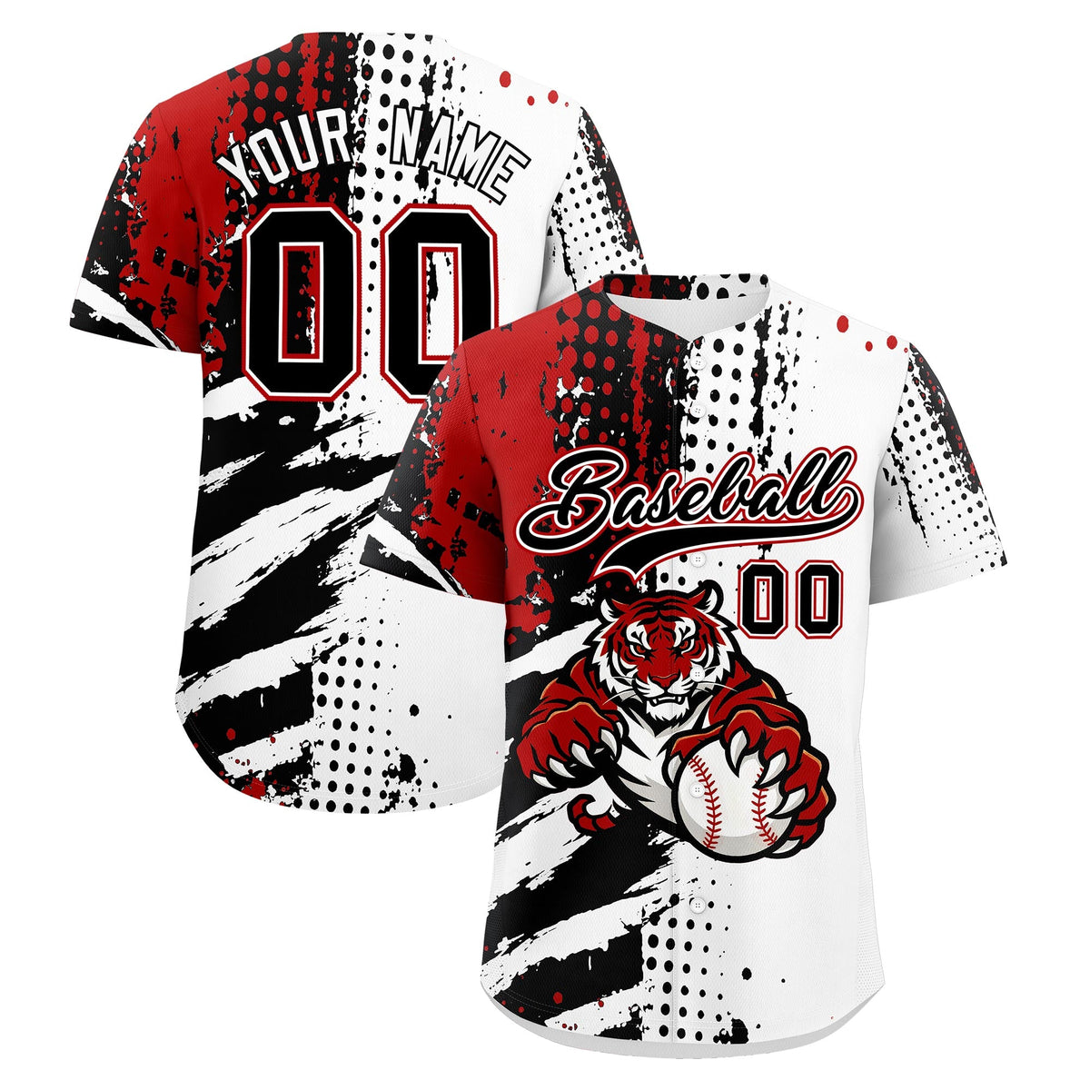 Custom White Black Red Baseball Jersey Full-Snap Graffiti Pattern Tiger Graffiti Jersey