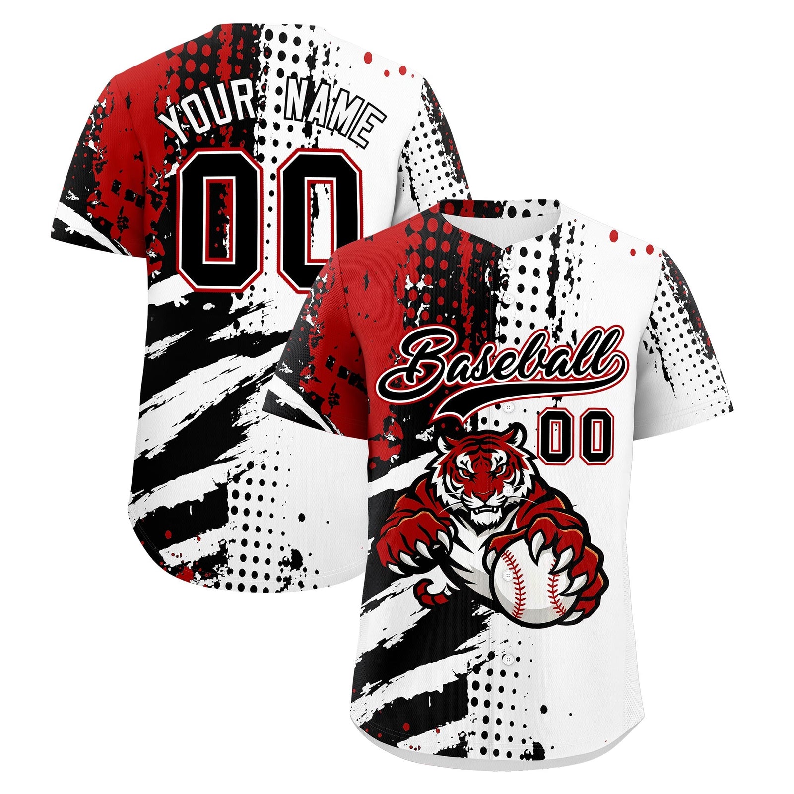 Custom White Black Red Baseball Jersey Full-Snap Graffiti Pattern Tiger Graffiti Jersey