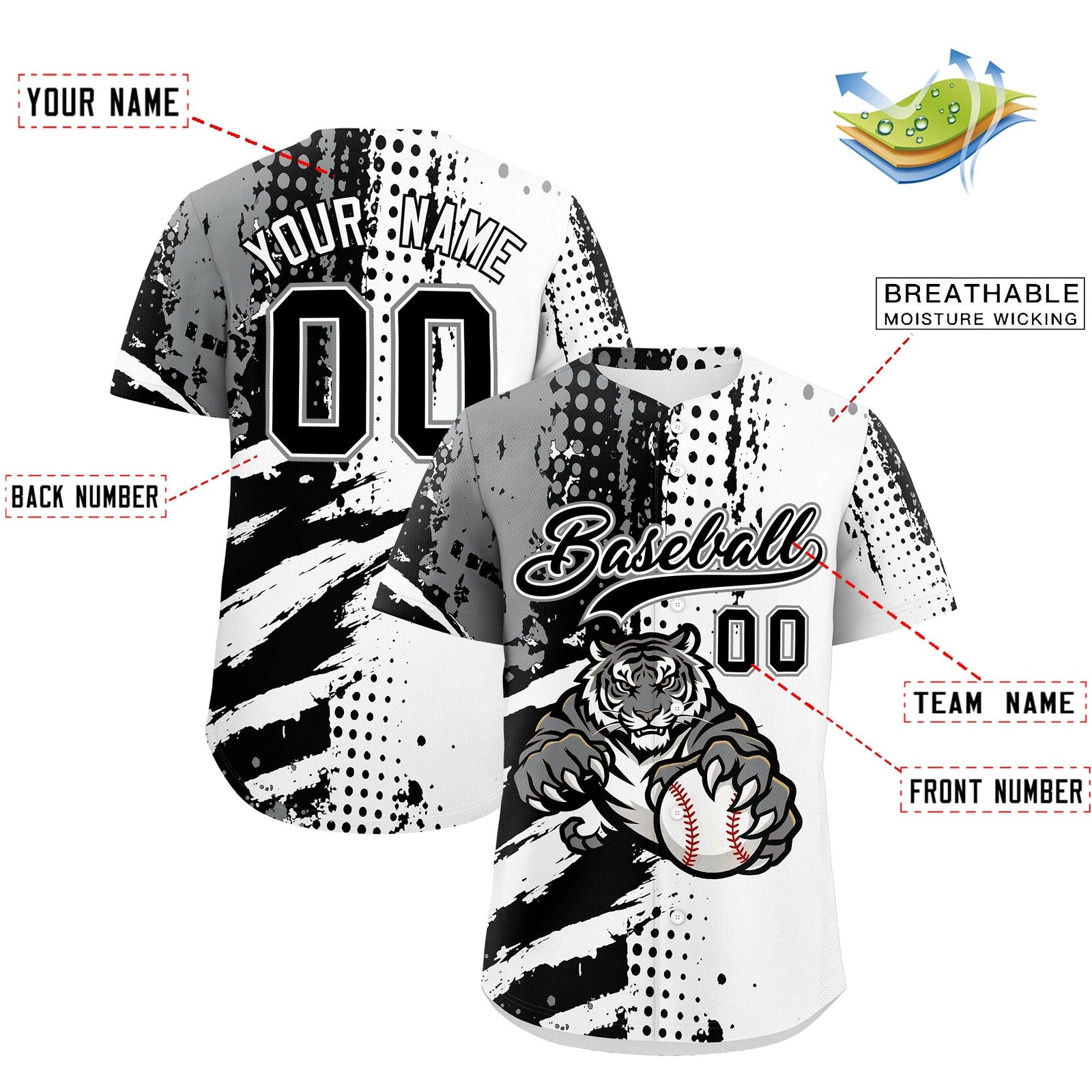 Custom Royal Blue White Red Full-Snap Graffiti Pattern Tiger Graffiti Jersey Baseball Jersey| KXKSHOP