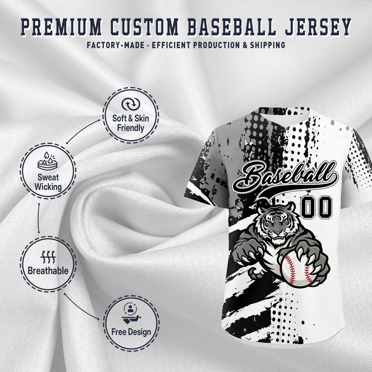Custom White Black Gray Full-Snap Graffiti Pattern Tiger Graffiti Jersey Baseball Jersey| KXKSHOP