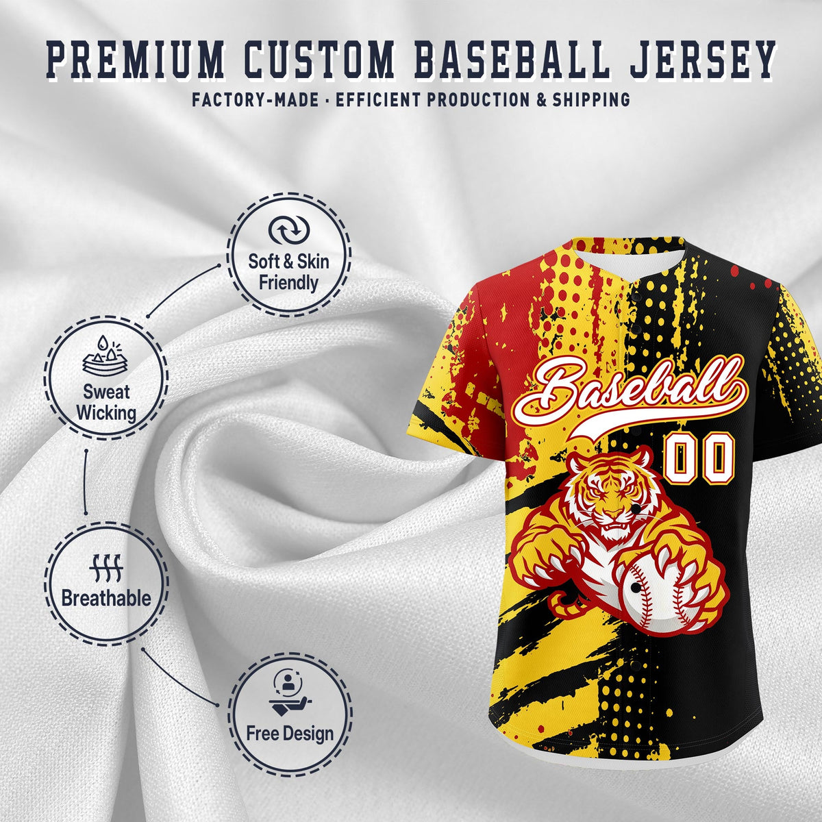 Custom Black Red Gold Full-Snap Graffiti Pattern Tiger Graffiti Jersey Baseball Jersey| KXKSHOP