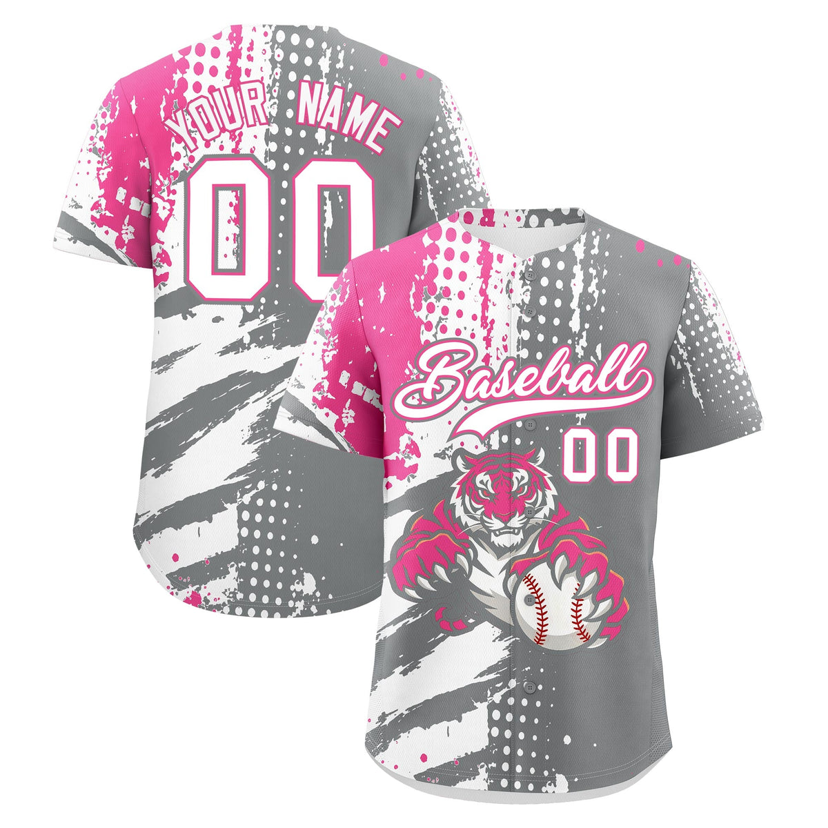 Custom Gray White Pink Baseball Jersey Full-Snap Graffiti Pattern Tiger Graffiti Jersey