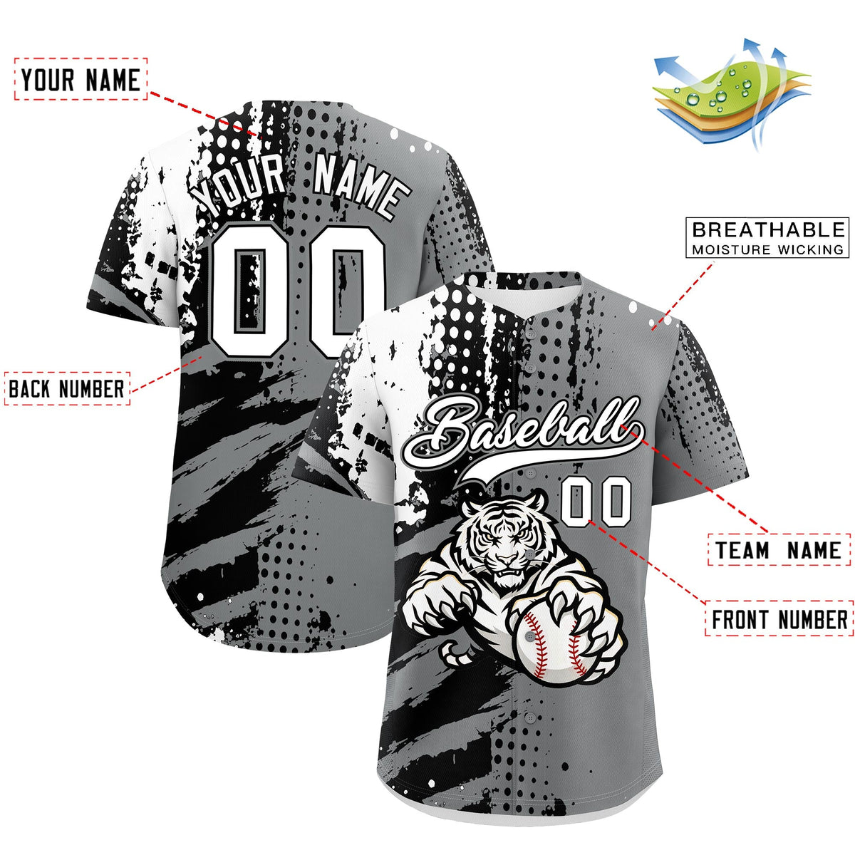 Custom Royal Blue White Red Full-Snap Graffiti Pattern Tiger Graffiti Jersey Baseball Jersey| KXKSHOP