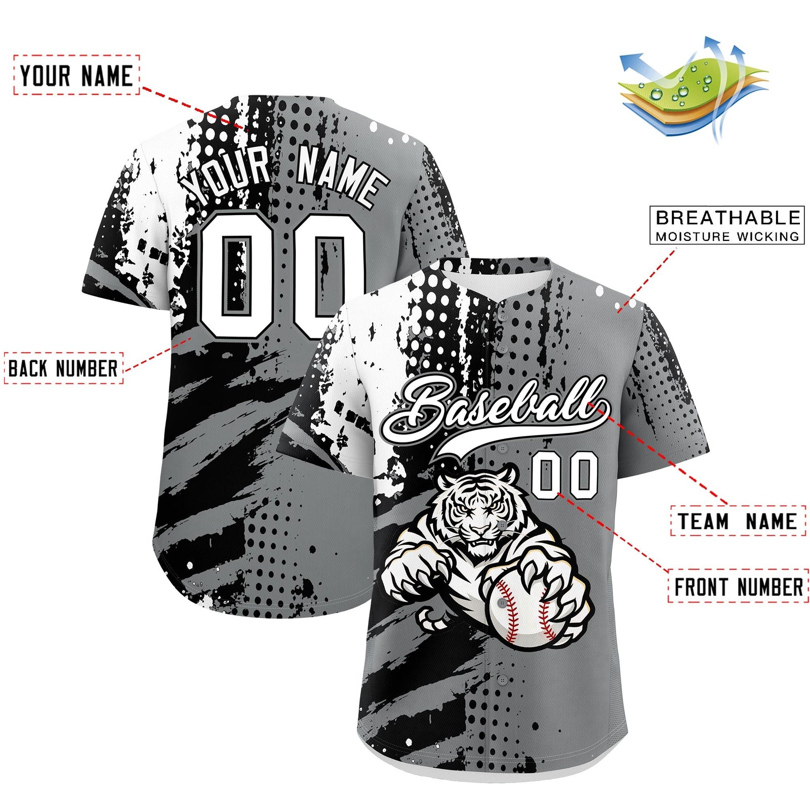 Custom Royal Blue White Red Full-Snap Graffiti Pattern Tiger Graffiti Jersey Baseball Jersey| KXKSHOP