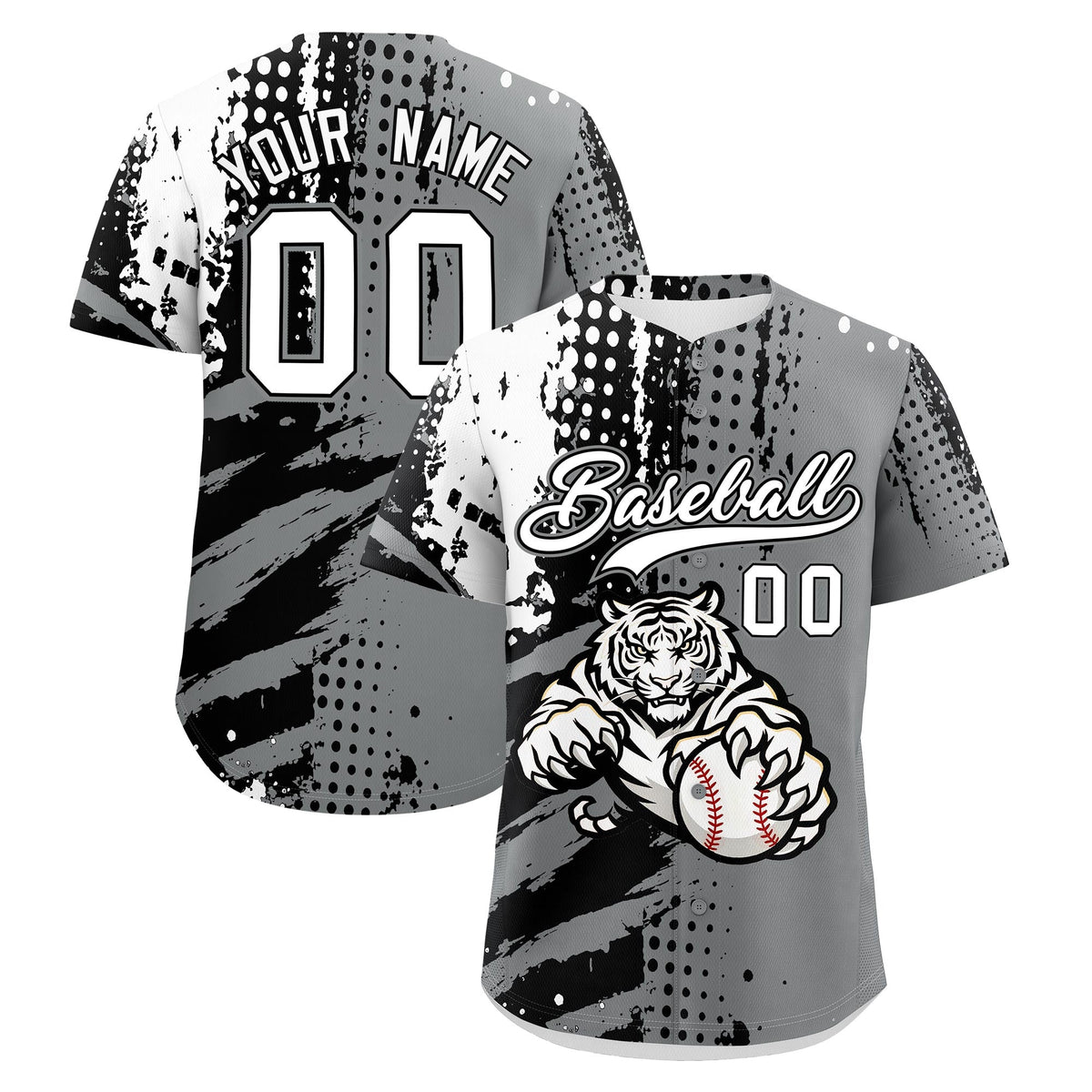 Custom Gray Black White Baseball Jersey Full-Snap Graffiti Pattern Tiger Graffiti Jersey