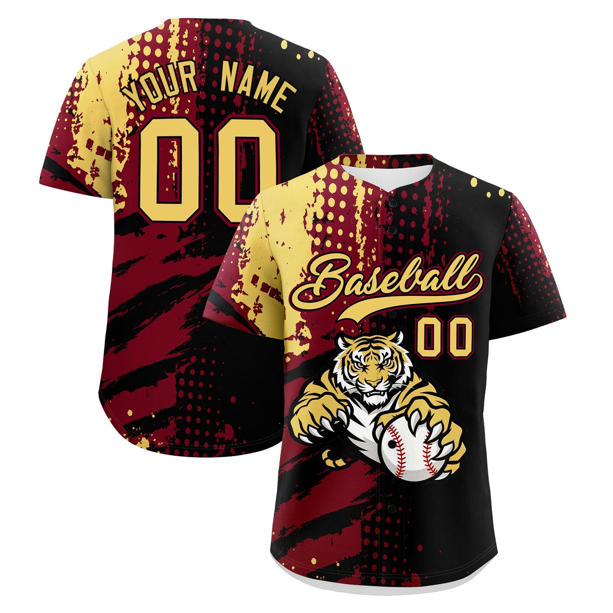 Custom Black Crimson Khaki Baseball Jersey Full-Snap Graffiti Pattern Tiger Graffiti Jersey
