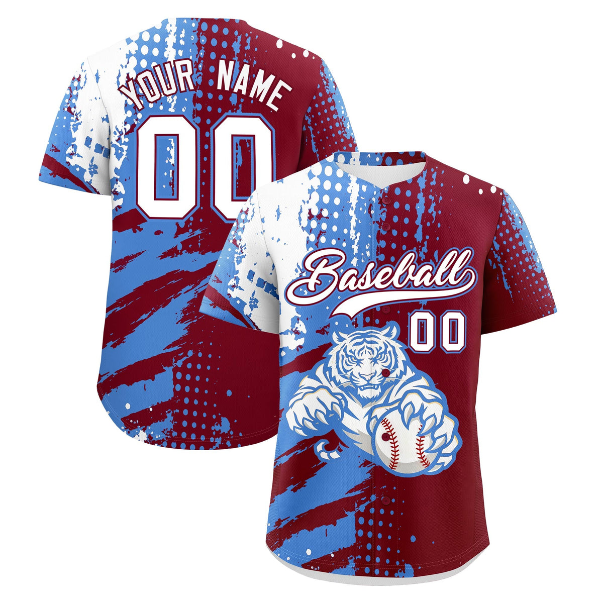 Custom Crimson Powder Blue White Baseball Jersey Full-Snap Graffiti Pattern Tiger Graffiti Jersey