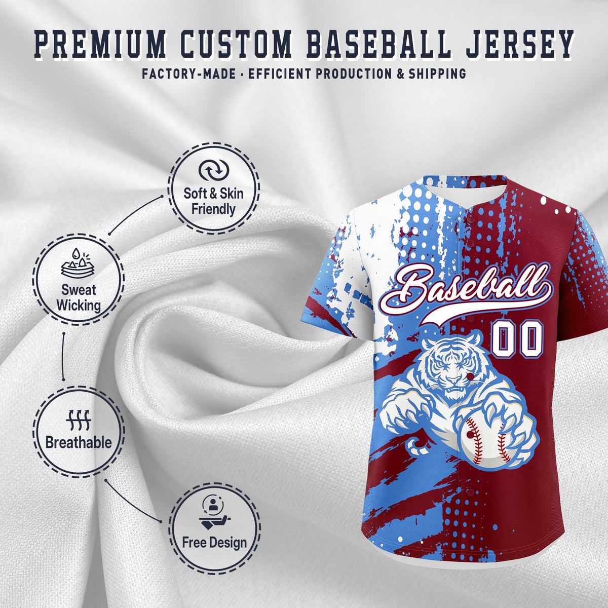Custom Crimson Powder Blue White Full-Snap Graffiti Pattern Tiger Graffiti Jersey Baseball Jersey| KXKSHOP