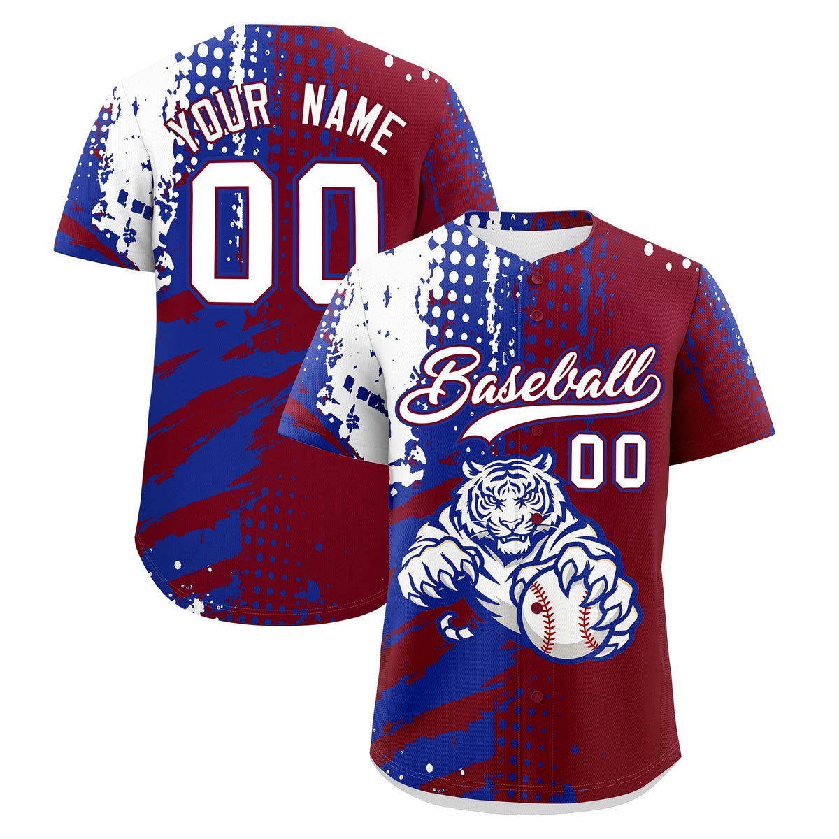 Custom Crimson Royal Blue White Baseball Jersey Full-Snap Graffiti Pattern Tiger Graffiti Jersey