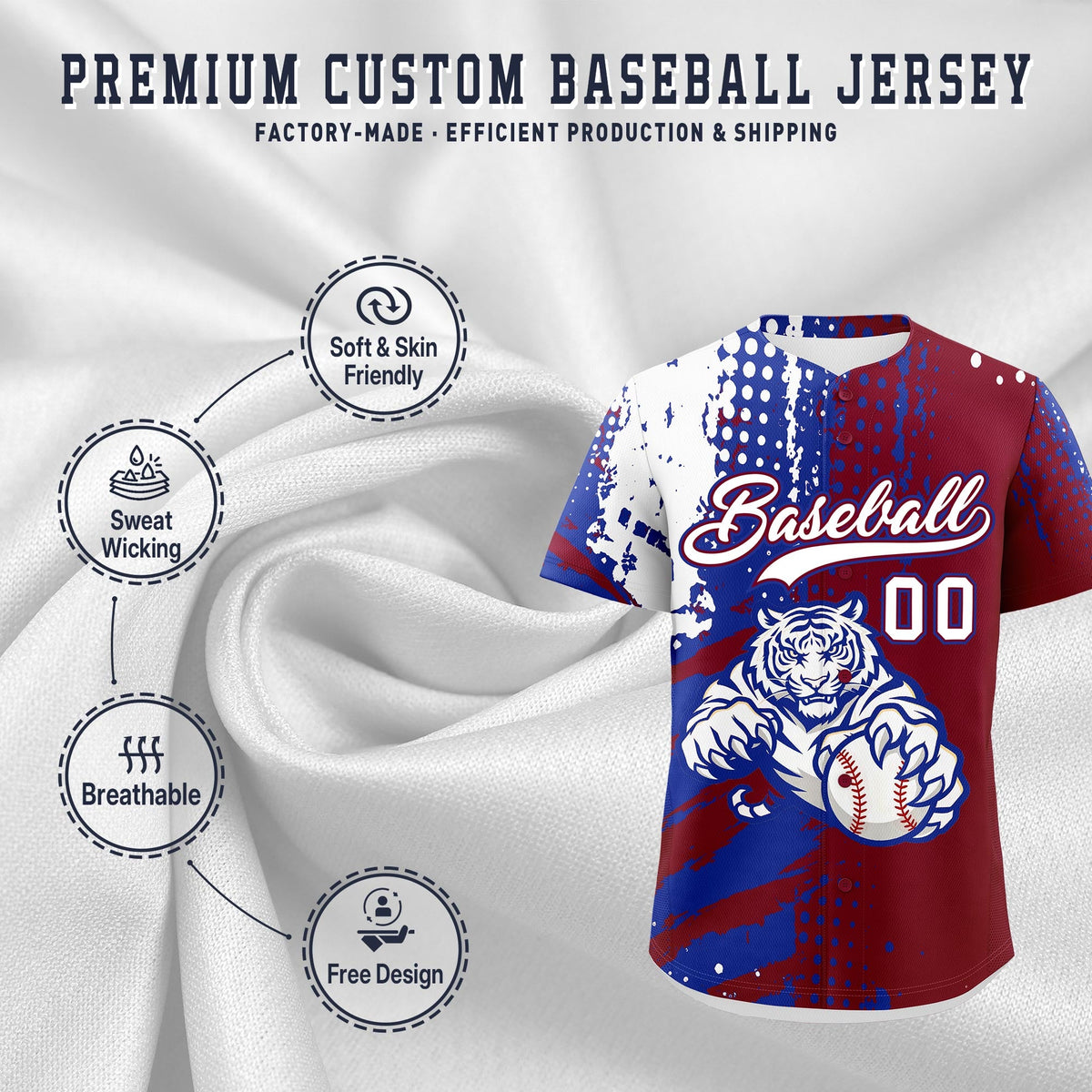 Custom Crimson Royal Blue White Full-Snap Graffiti Pattern Tiger Graffiti Jersey Baseball Jersey| KXKSHOP