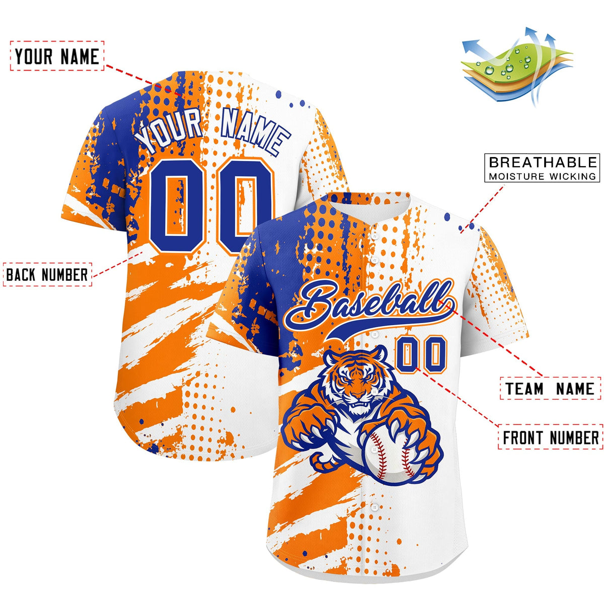 Custom Royal Blue White Red Full-Snap Graffiti Pattern Tiger Graffiti Jersey Baseball Jersey| KXKSHOP