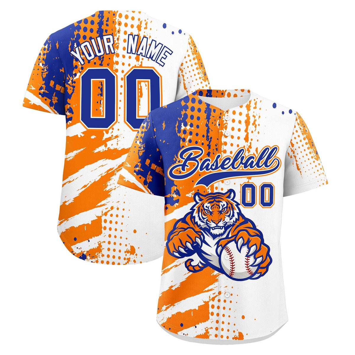 Custom White Orange Royal Blue Baseball Jersey Full-Snap Graffiti Pattern Tiger Graffiti Jersey