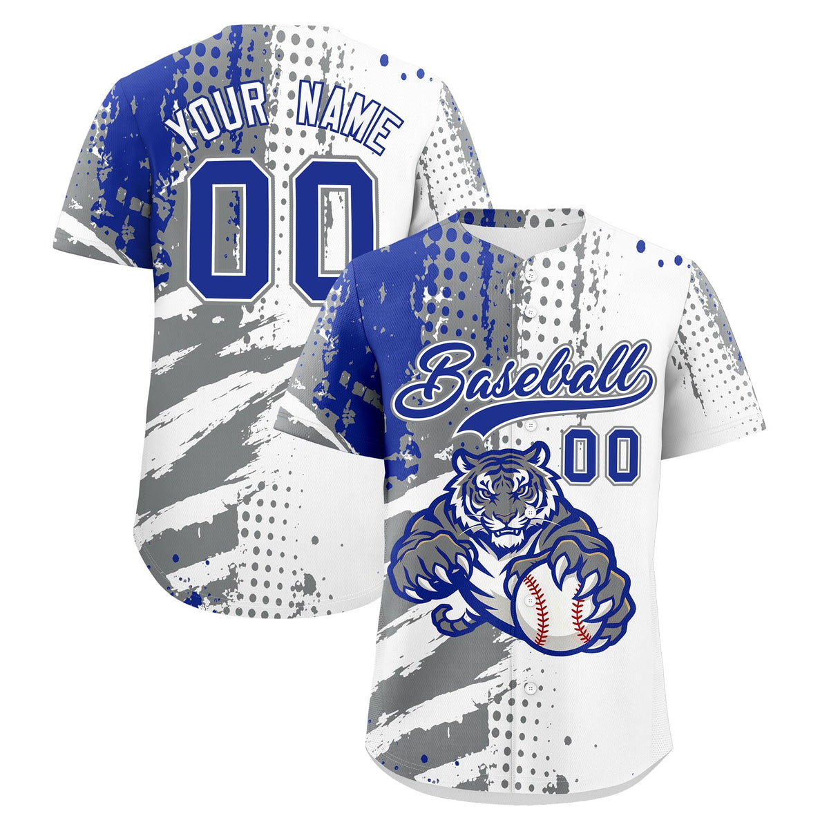 Custom White Gray Royal Blue Baseball Jersey Full-Snap Graffiti Pattern Tiger Graffiti Jersey