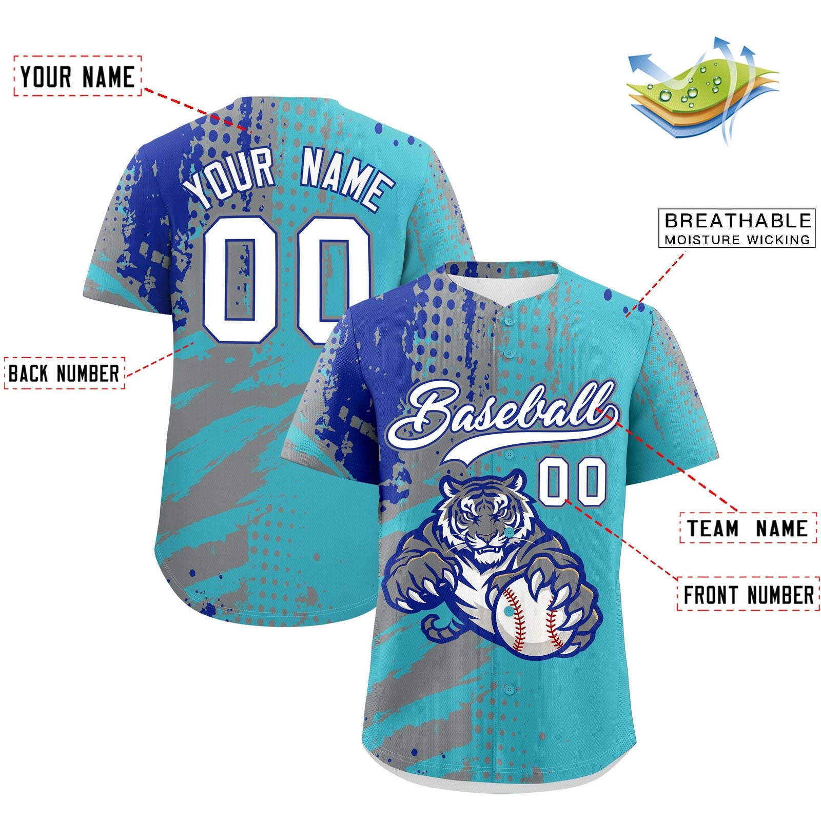 Custom Royal Blue White Red Full-Snap Graffiti Pattern Tiger Graffiti Jersey Baseball Jersey| KXKSHOP
