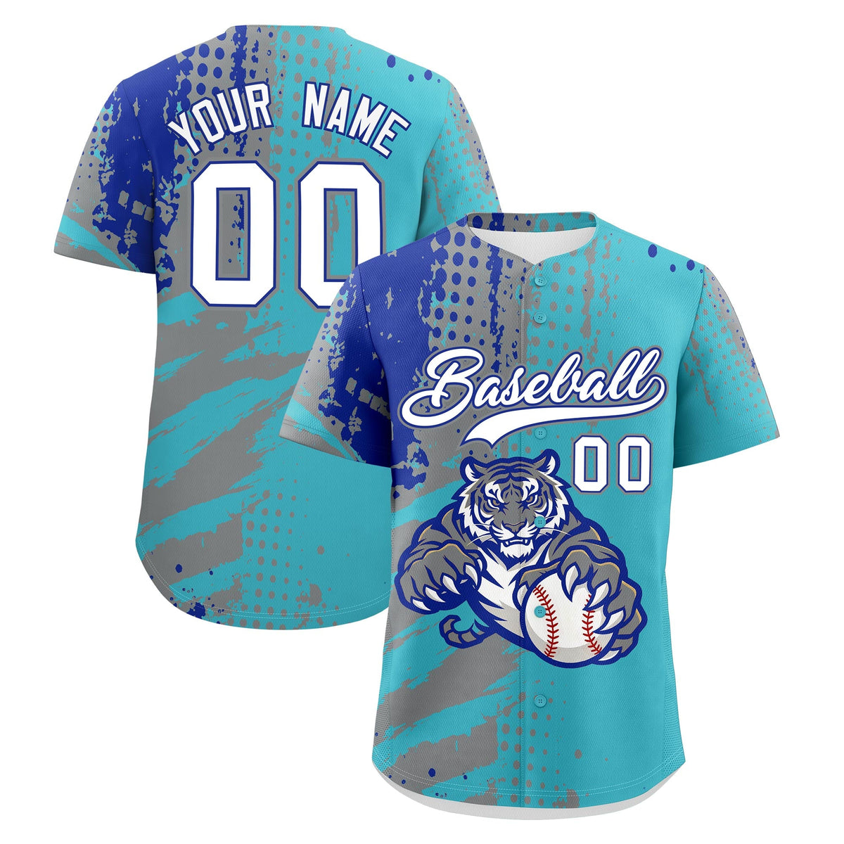 Custom Sky Blue Gray Royal Blue Baseball Jersey Full-Snap Graffiti Pattern Tiger Graffiti Jersey