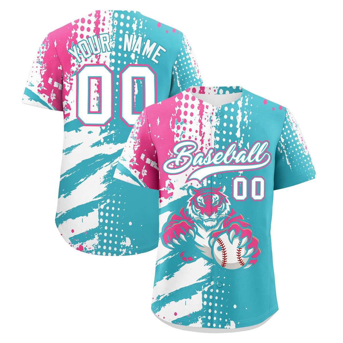 Custom Sky Blue White Pink Baseball Jersey Full-Snap Graffiti Pattern Tiger Graffiti Jersey