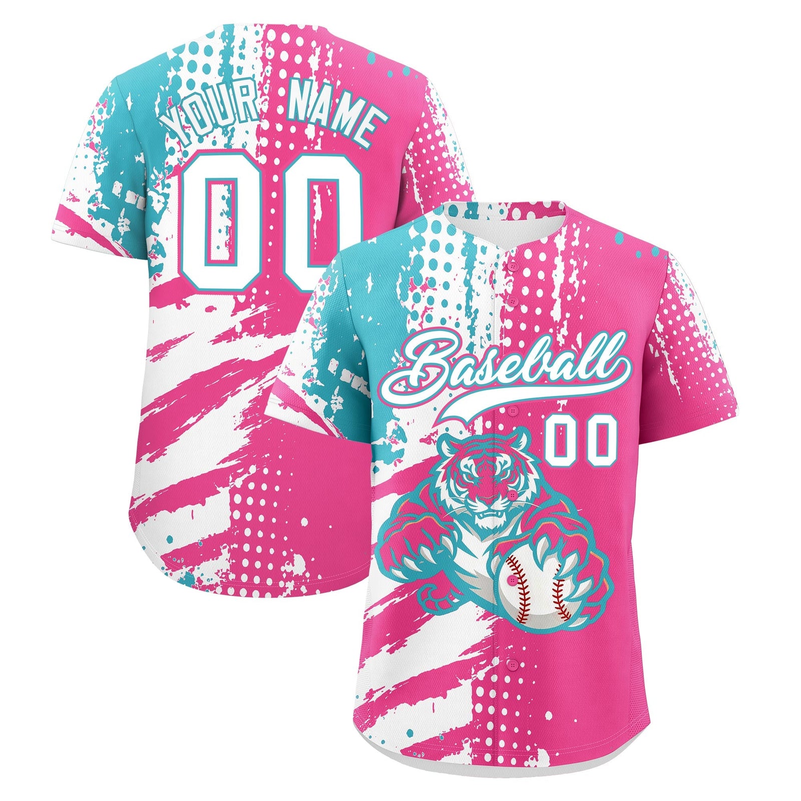 Custom Pink White Sky Blue Baseball Jersey Full-Snap Graffiti Pattern Tiger Graffiti Jersey