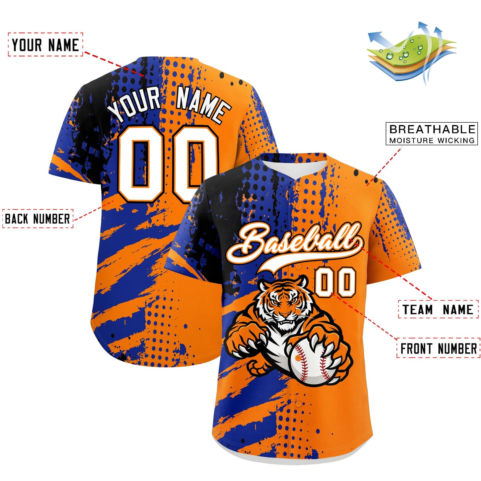 Custom Royal Blue White Red Full-Snap Graffiti Pattern Tiger Graffiti Jersey Baseball Jersey| KXKSHOP