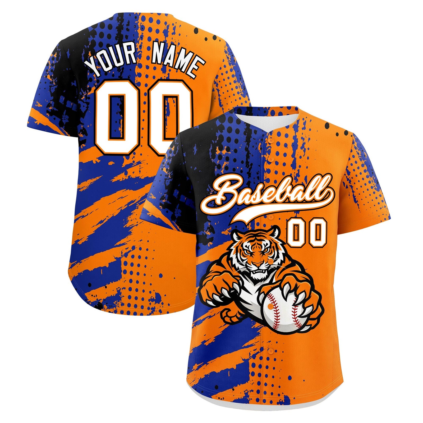Custom Orange Royal Blue Black Baseball Jersey Full-Snap Graffiti Pattern Tiger Graffiti Jersey