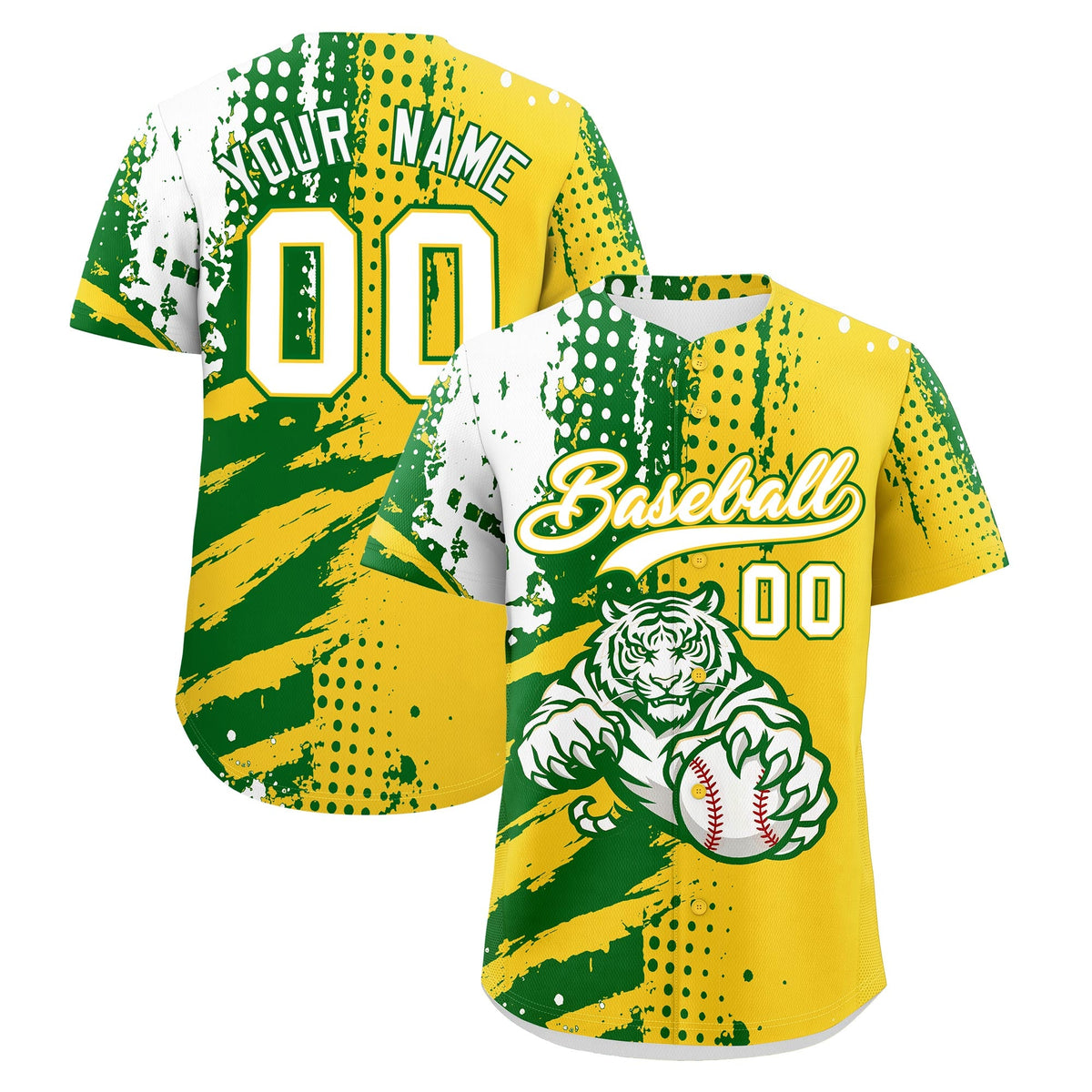 Custom Gold Kelly Green White Baseball Jersey Full-Snap Graffiti Pattern Tiger Graffiti Jersey