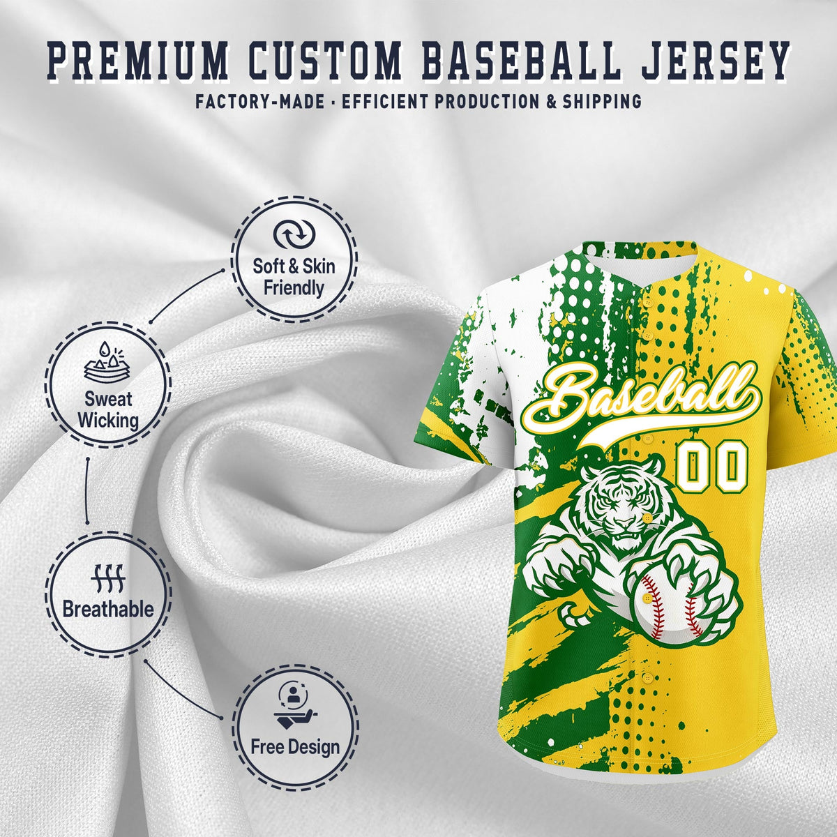 Custom Gold Kelly Green White Full-Snap Graffiti Pattern Tiger Graffiti Jersey Baseball Jersey| KXKSHOP