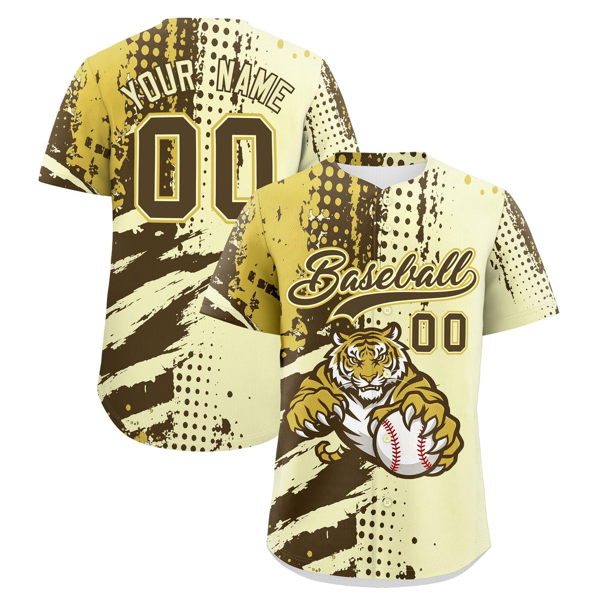 Custom Cream Light Brown Old Gold Baseball Jersey Full-Snap Graffiti Pattern Tiger Graffiti Jersey