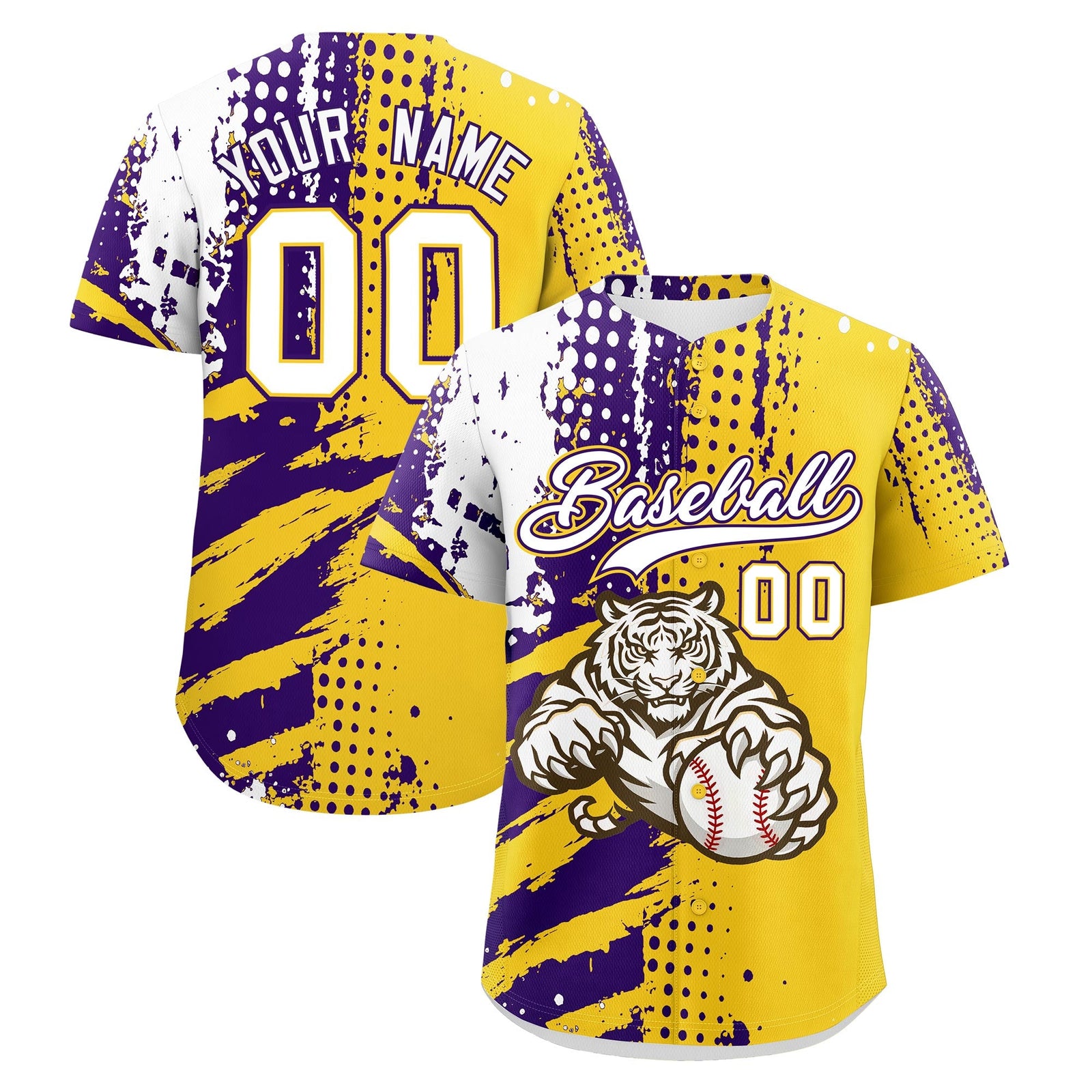 Custom Gold Purple White Baseball Jersey Full-Snap Graffiti Pattern Tiger Graffiti Jersey