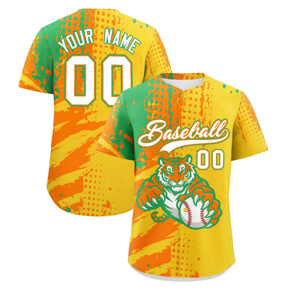 Custom Gold Orange Neon Green Baseball Jersey Full-Snap Graffiti Pattern Tiger Graffiti Jersey