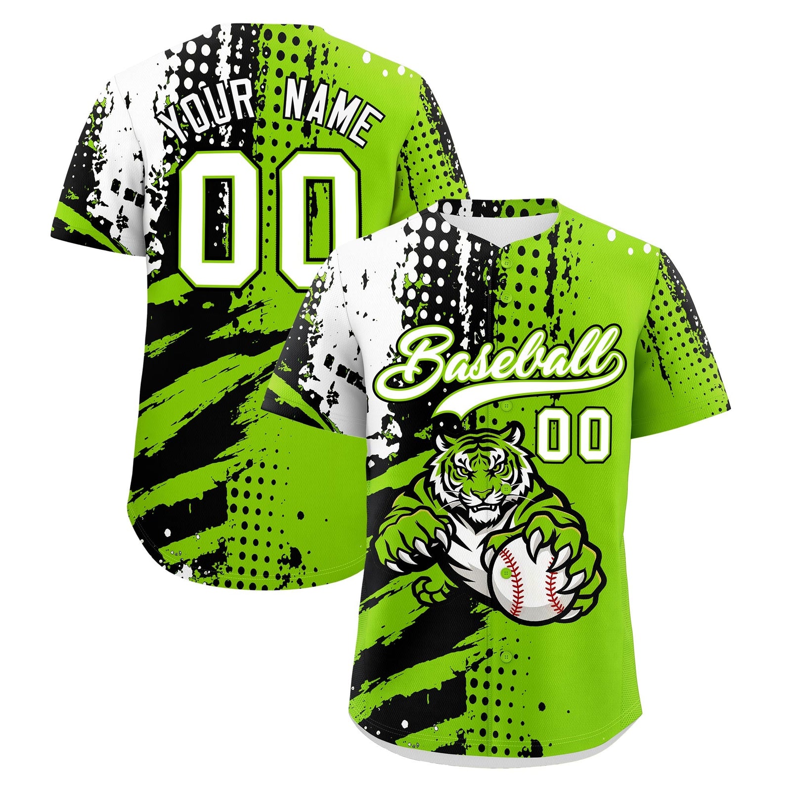 Custom Neon Green Black White Baseball Jersey Full-Snap Graffiti Pattern Tiger Graffiti Jersey