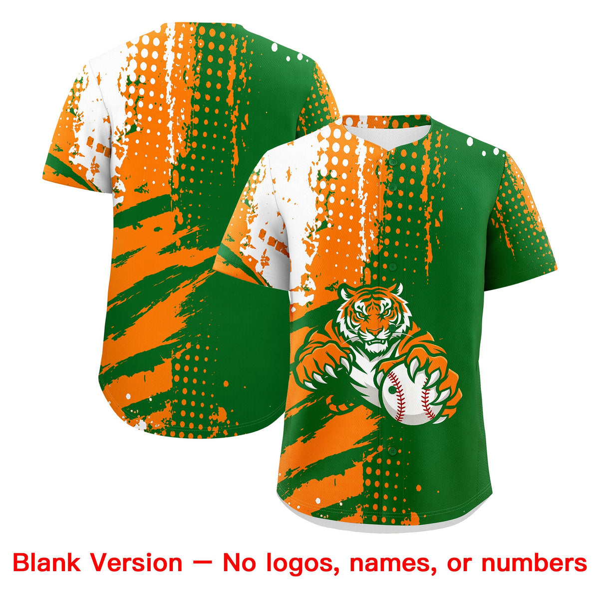 Custom Kelly Green Orange White Full-Snap Graffiti Pattern Tiger Graffiti Jersey Baseball Jersey| KXKSHOP