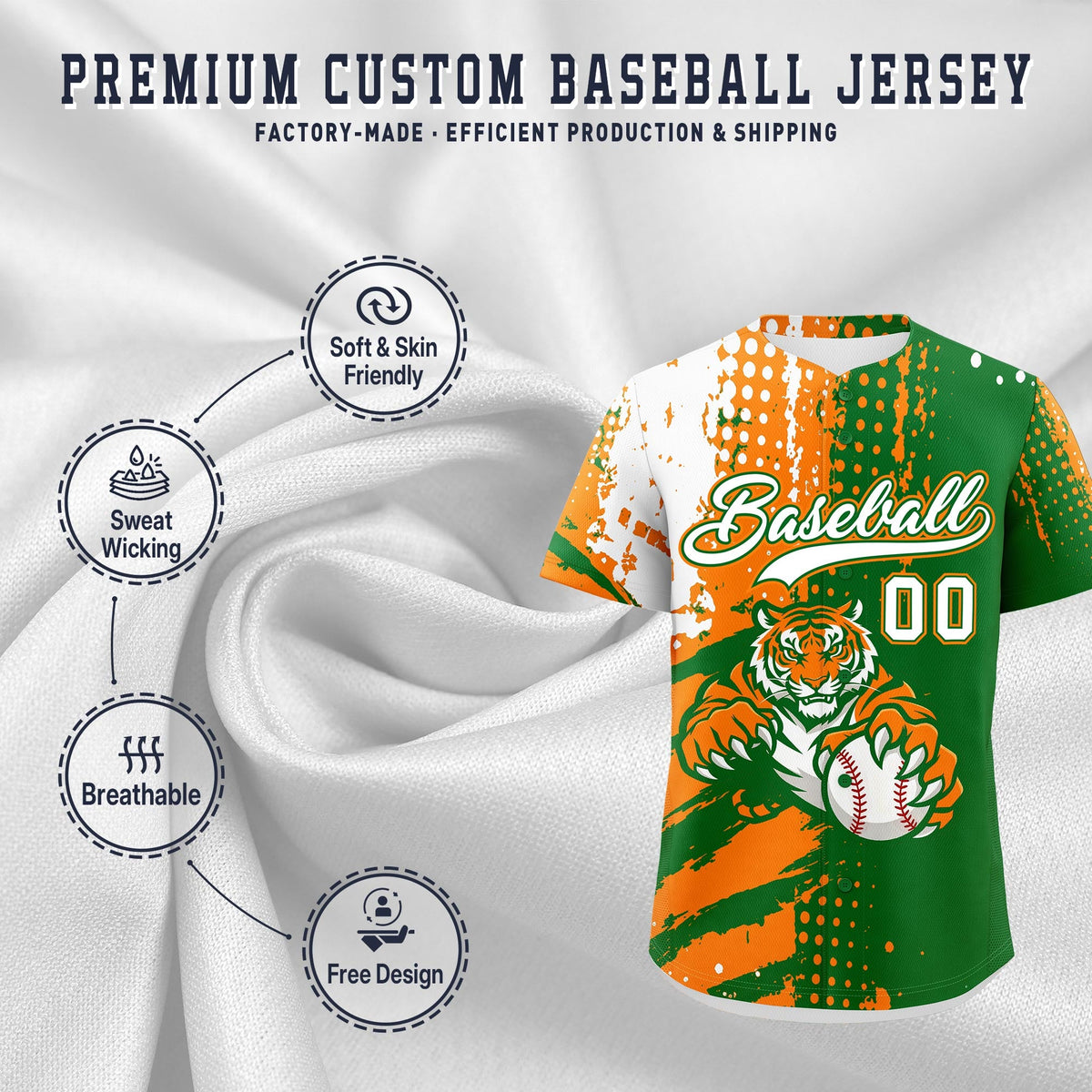 Custom Kelly Green Orange White Full-Snap Graffiti Pattern Tiger Graffiti Jersey Baseball Jersey| KXKSHOP