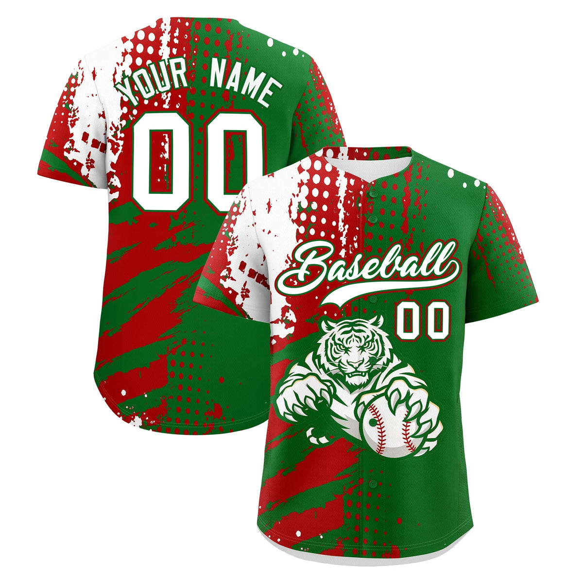 Custom Kelly Green Red White Baseball Jersey Full-Snap Graffiti Pattern Tiger Graffiti Jersey