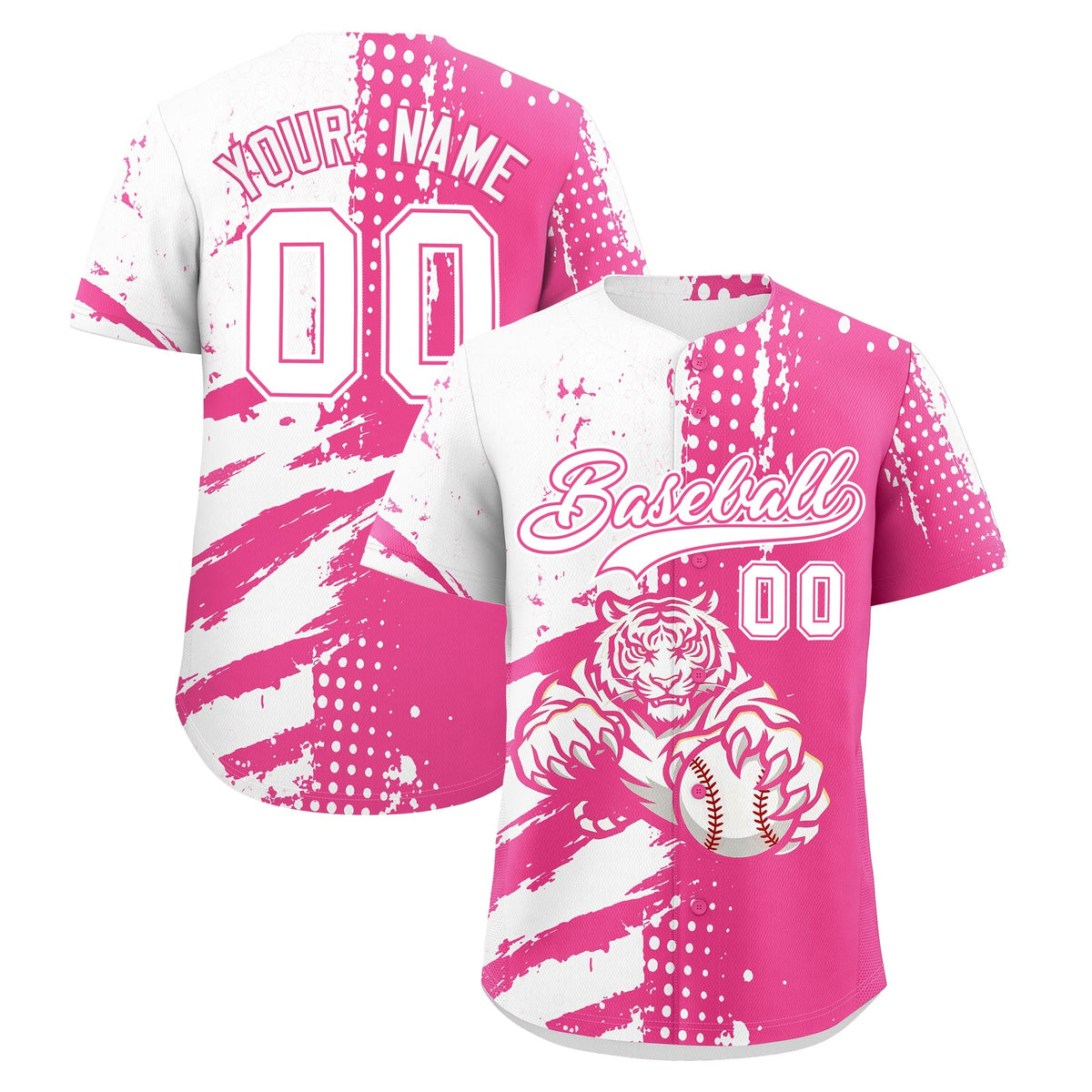 Custom White Pink Baseball Jersey Full-Snap Graffiti Pattern Tiger Graffiti Jersey