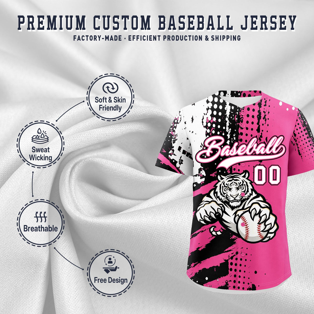 Custom Pink Black White Full-Snap Graffiti Pattern Tiger Graffiti Jersey Baseball Jersey| KXKSHOP