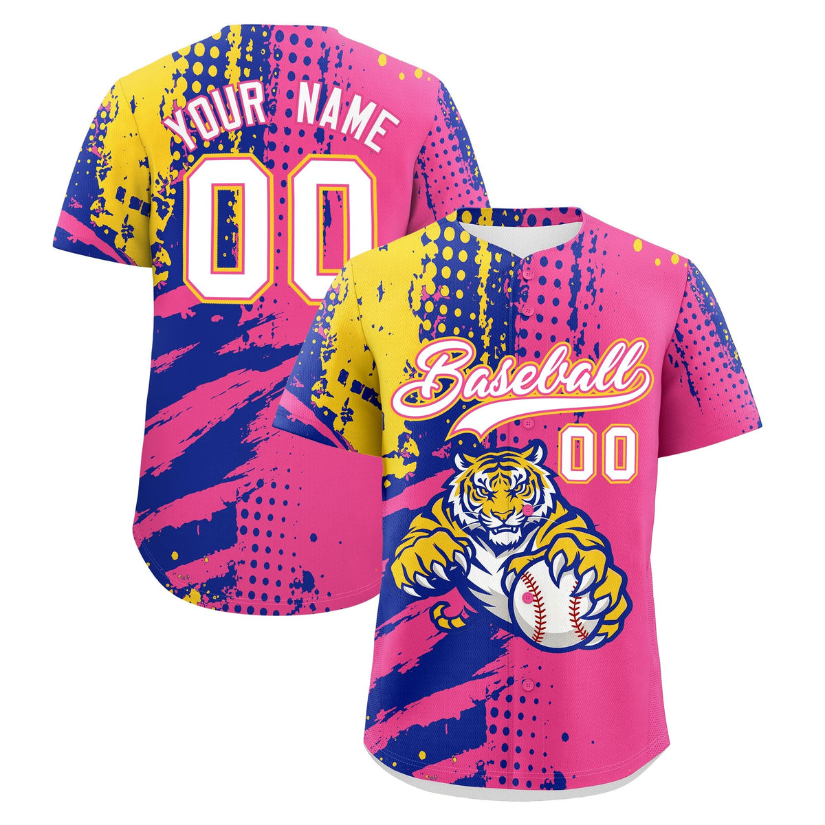Custom Pink Royal Blue Gold Baseball Jersey Full-Snap Graffiti Pattern Tiger Graffiti Jersey