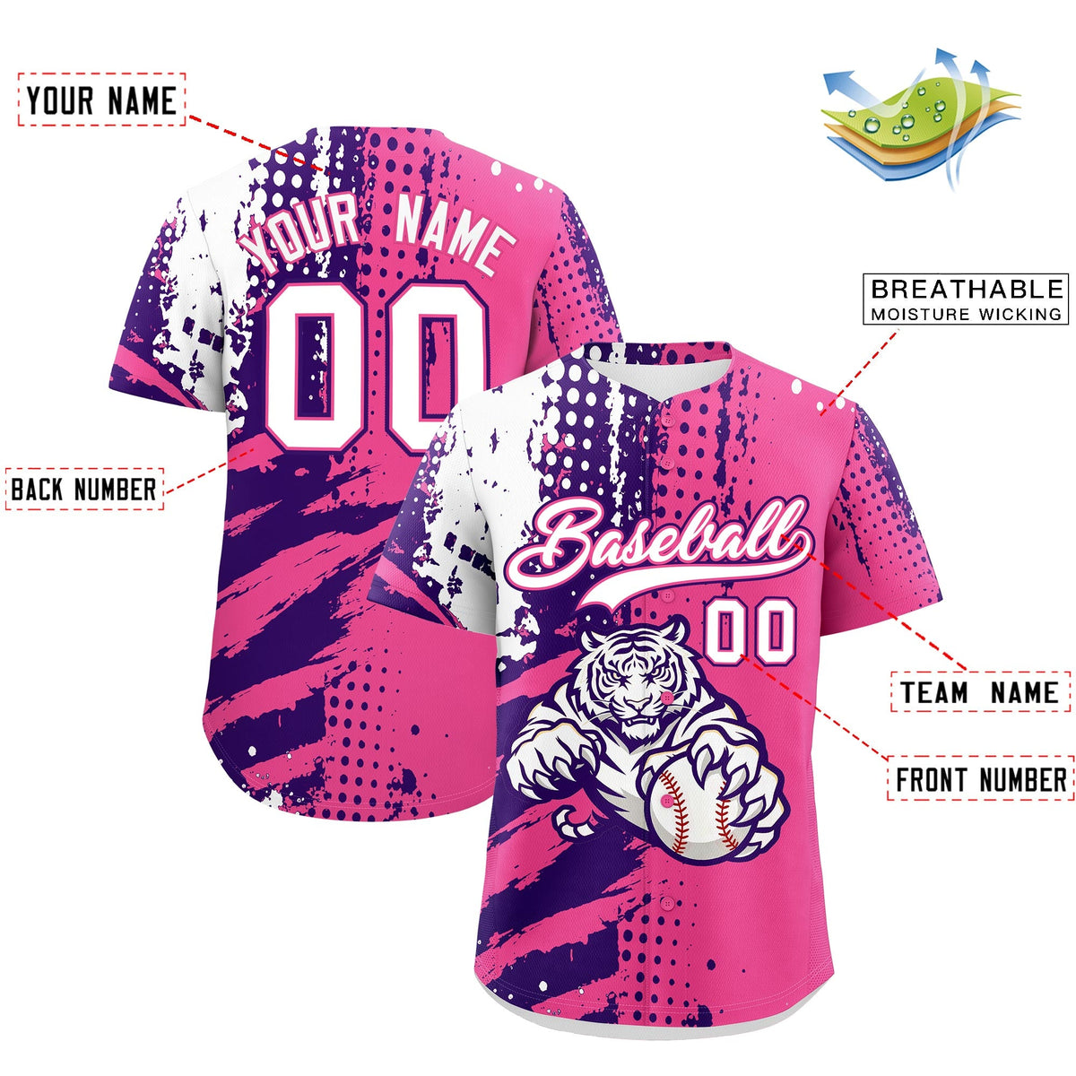 Custom Royal Blue White Red Full-Snap Graffiti Pattern Tiger Graffiti Jersey Baseball Jersey| KXKSHOP