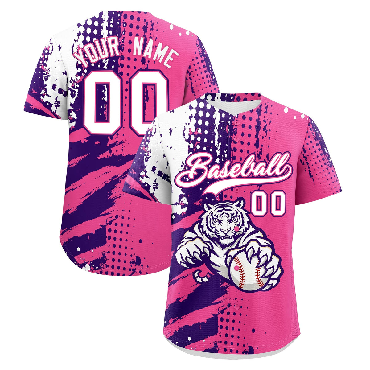 Custom Pink Purple White Baseball Jersey Full-Snap Graffiti Pattern Tiger Graffiti Jersey