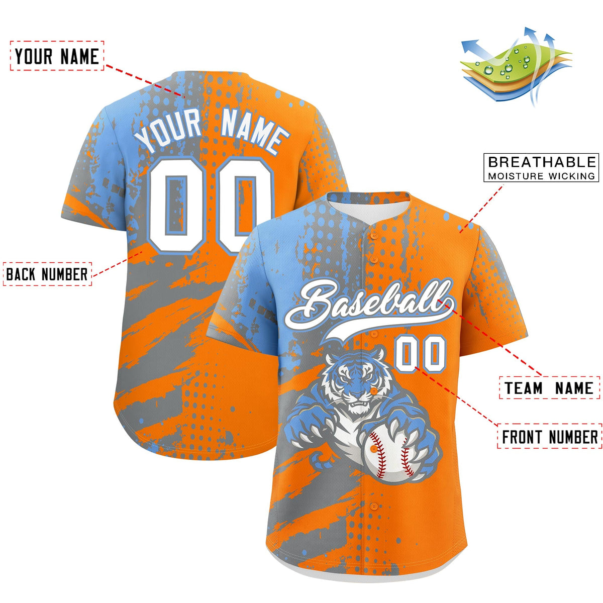 Custom Royal Blue White Red Full-Snap Graffiti Pattern Tiger Graffiti Jersey Baseball Jersey| KXKSHOP