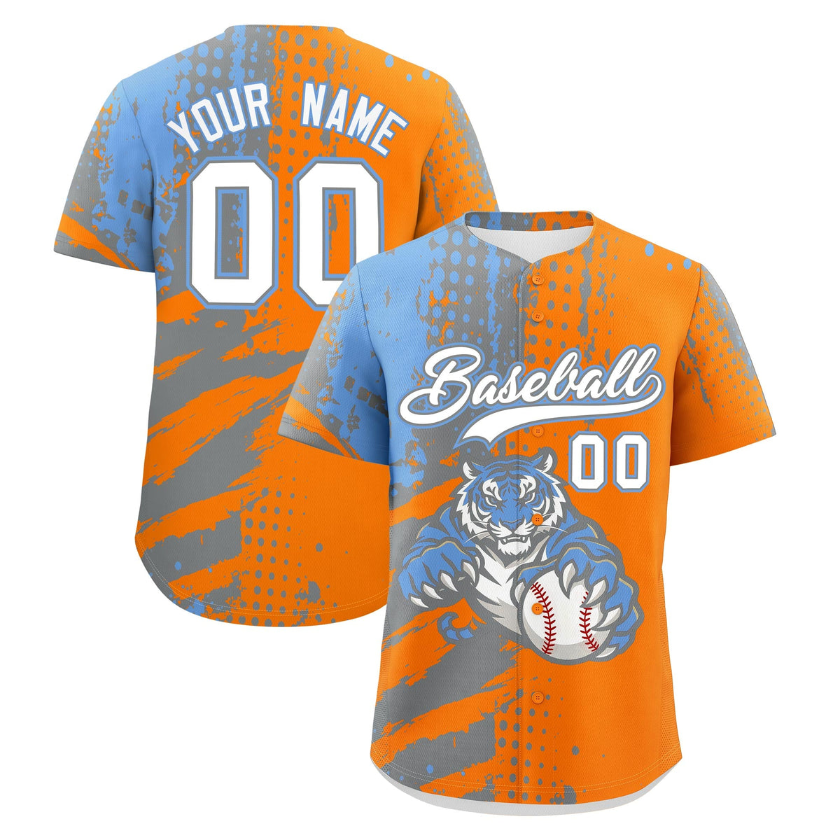 Custom Orange Silver Light Blue Baseball Jersey Full-Snap Graffiti Pattern Tiger Graffiti Jersey
