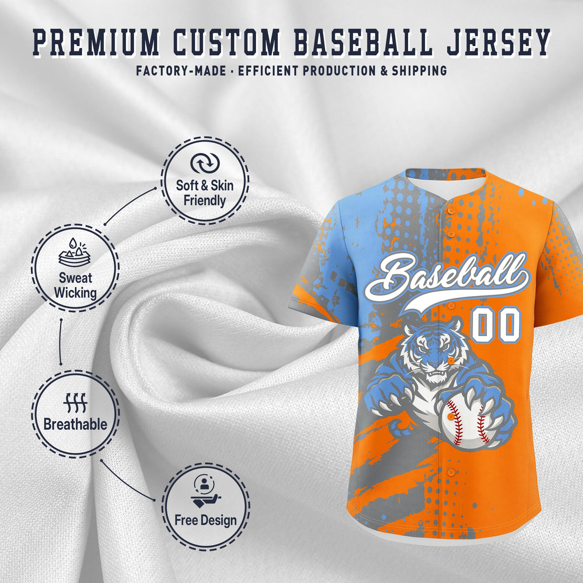 Custom Orange Silver Light Blue Full-Snap Graffiti Pattern Tiger Graffiti Jersey Baseball Jersey| KXKSHOP