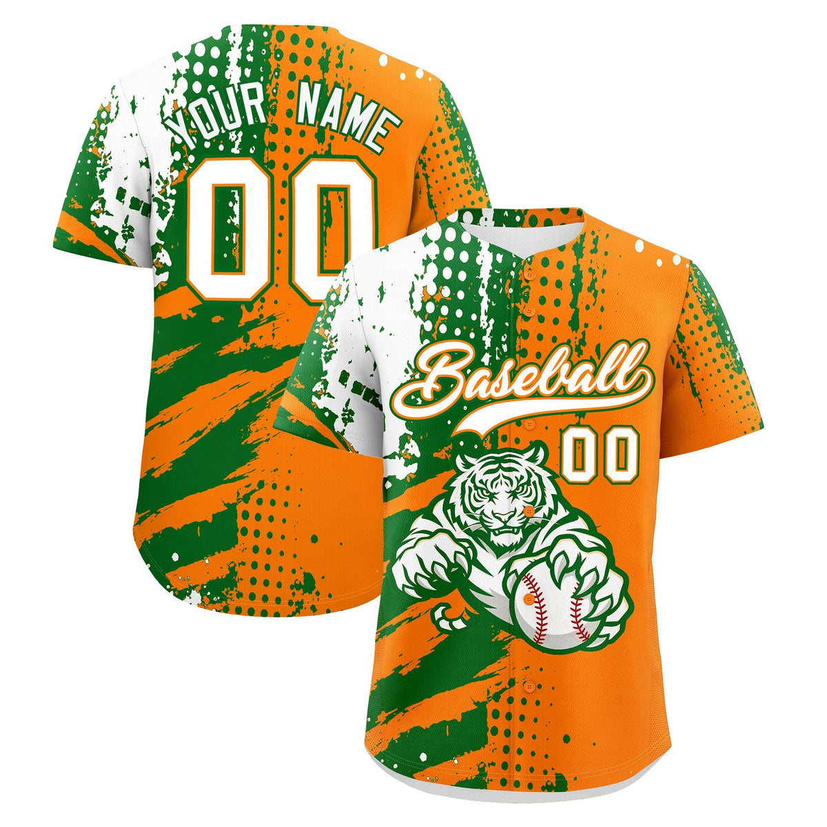 Custom Orange Kelly Green White Baseball Jersey Full-Snap Graffiti Pattern Tiger Graffiti Jersey