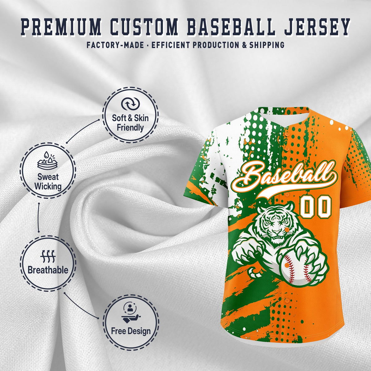 Custom Orange Kelly Green White Full-Snap Graffiti Pattern Tiger Graffiti Jersey Baseball Jersey| KXKSHOP