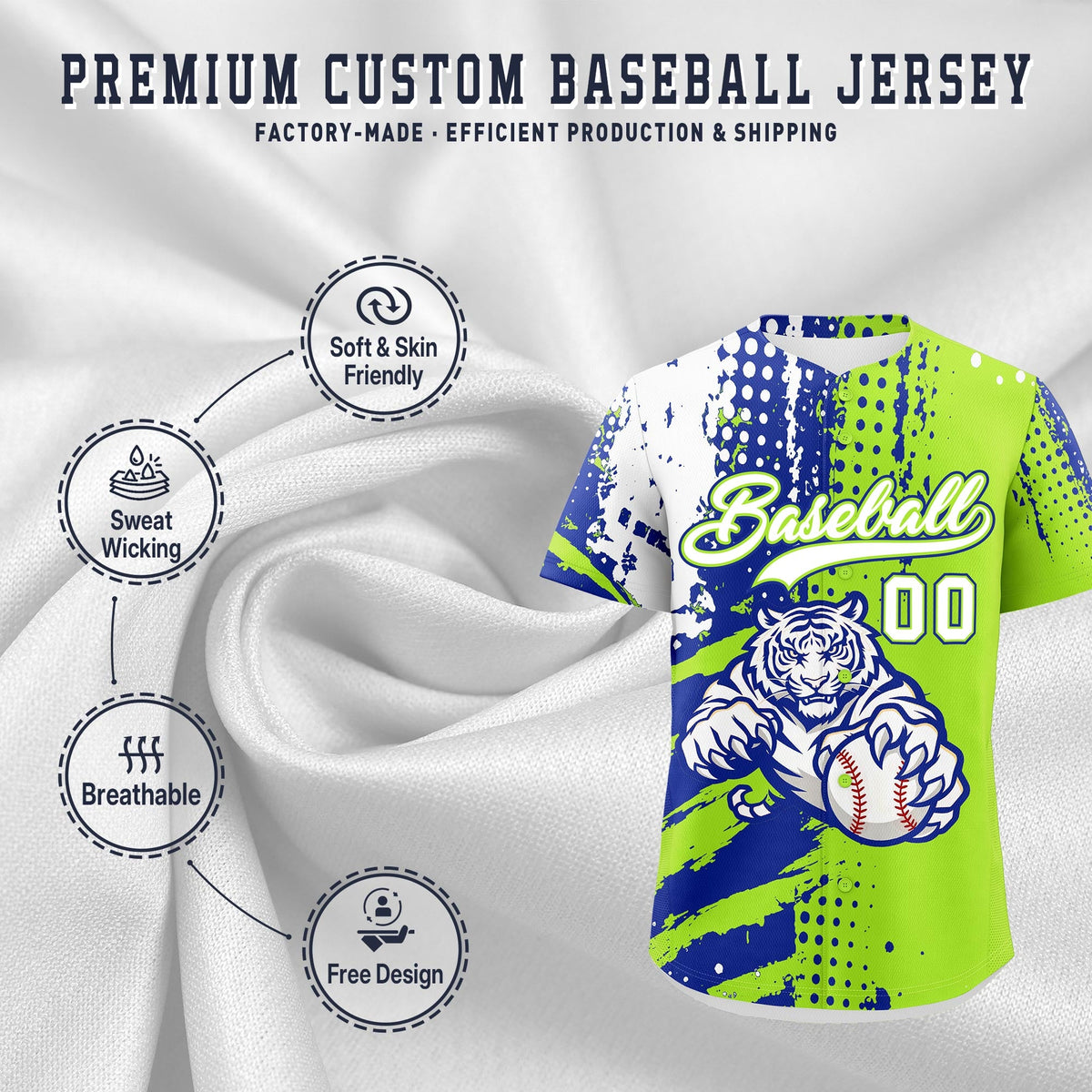 Custom Royal Blue Neon Green White Full-Snap Graffiti Pattern Tiger Graffiti Jersey Baseball Jersey| KXKSHOP