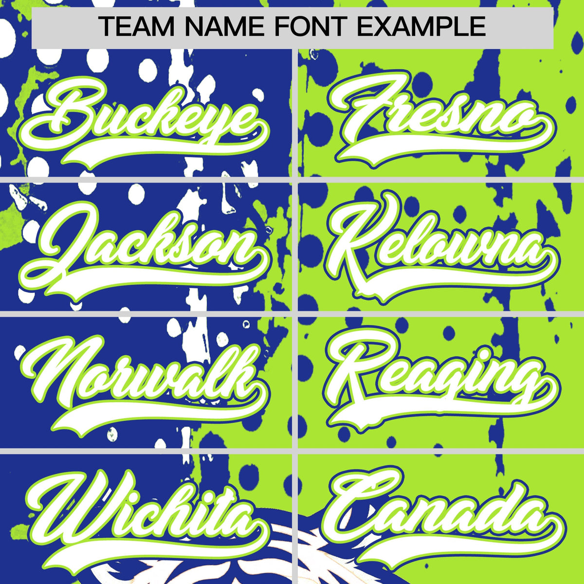 Custom Royal Blue Neon Green White Full-Snap Graffiti Pattern Tiger Graffiti Jersey Baseball Jersey| KXKSHOP