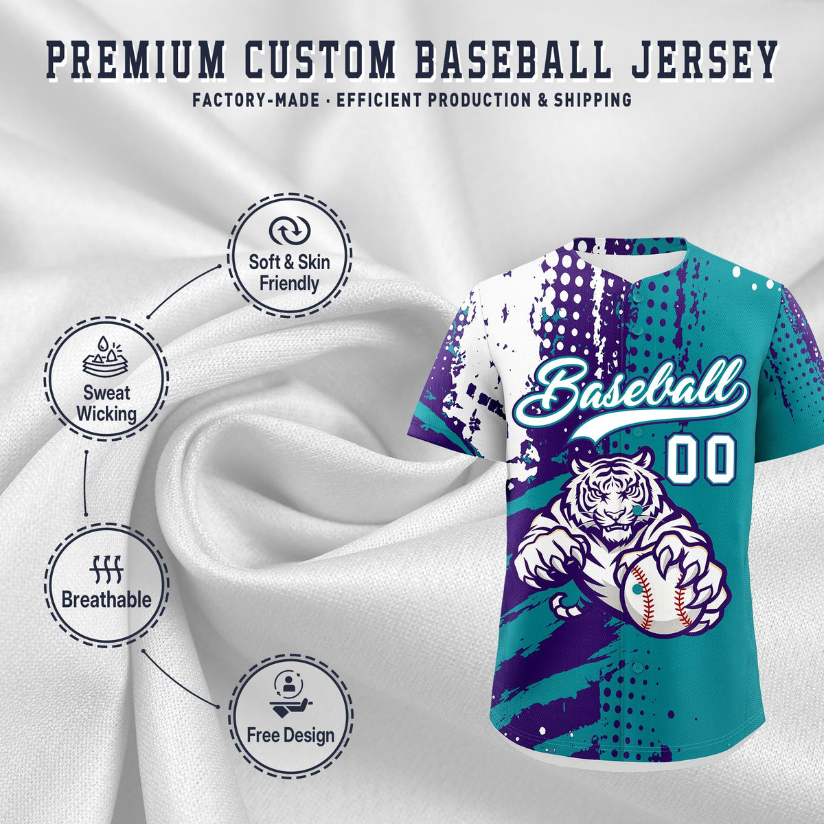 Custom Teal Purple White Full-Snap Graffiti Pattern Tiger Graffiti Jersey Baseball Jersey| KXKSHOP