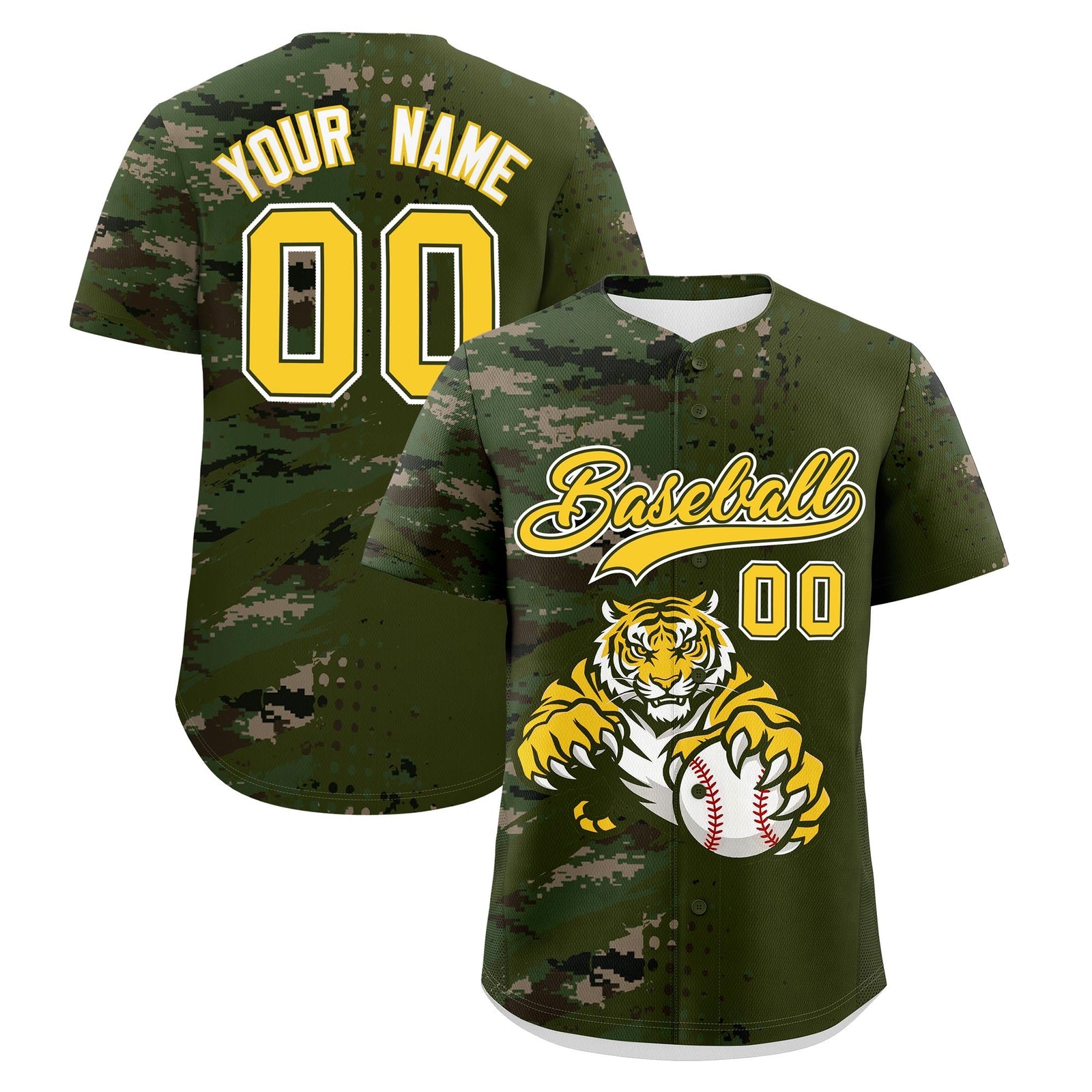 Custom Olive Camo Gold Baseball Jersey Full-Snap Graffiti Pattern Tiger Graffiti Jersey