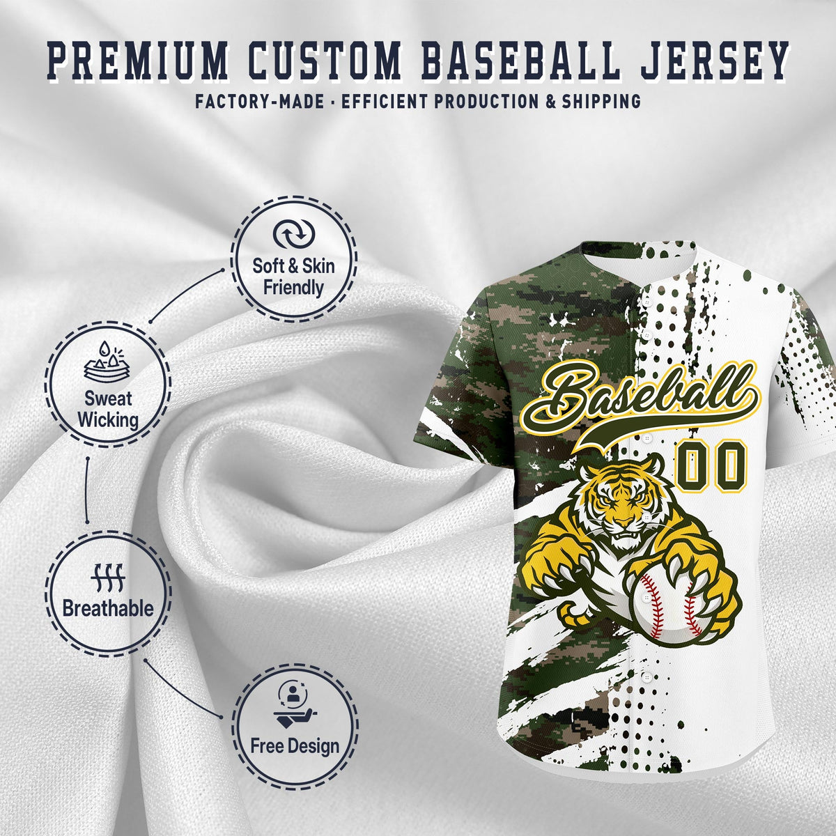 Custom White Camo Olive Full-Snap Graffiti Pattern Tiger Graffiti Jersey Baseball Jersey| KXKSHOP